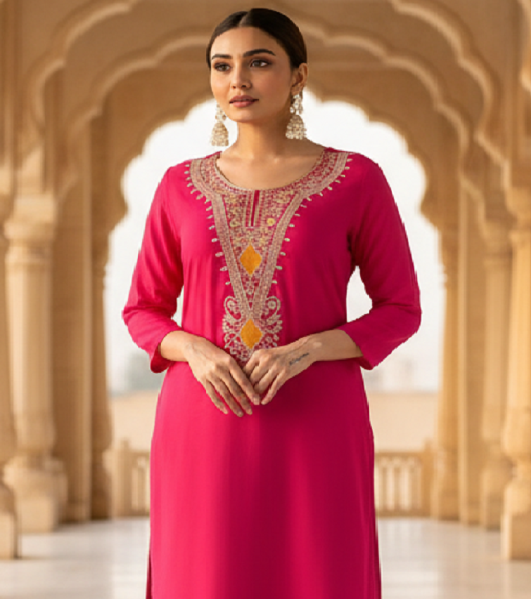 Women's Red Viscose Silk Embroidered Straight Kurta
