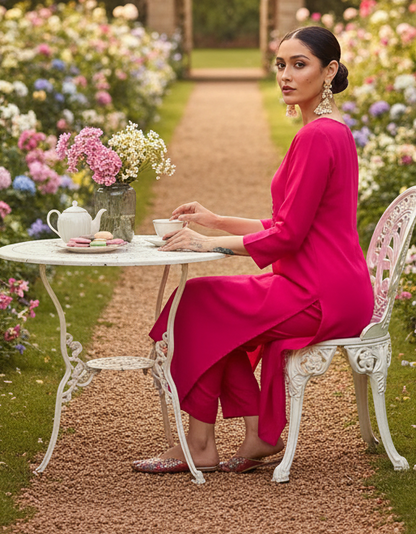 Women's Red Viscose Silk Embroidered Straight Kurta