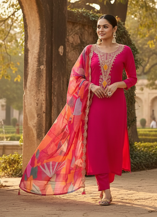 Women's Red Viscose Silk Embroidered Straight Kurta with Viscose Silk Pant &amp; Crepe Silk Printed Dupatta Set