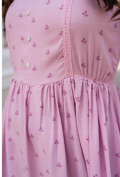 Elegant Pink Cotton Candy Embroider Motif Viscose Dress
