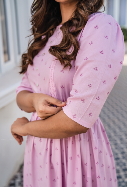 Elegant Pink Cotton Candy Embroider Motif Viscose Dress