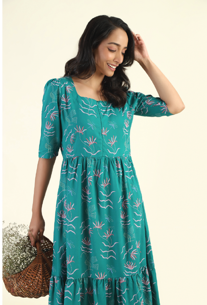 Green Harmony Teal Printed Maternity and feeding dress