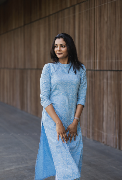 Serene Blue Bella's Paisley Viscose Printed Kurta