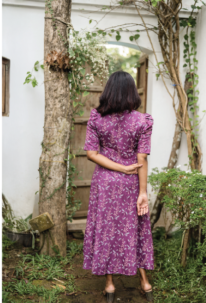 Deep Purple Cherry Plums Viscose Printed Dress