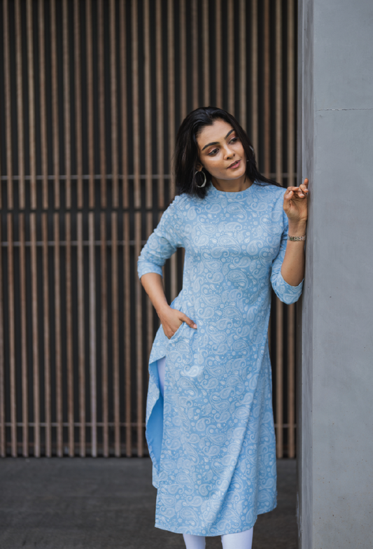 Serene Blue Bella's Paisley Viscose Printed Kurta