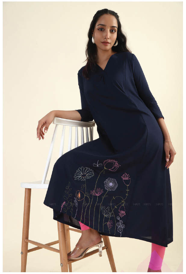Navy Blue Enchanted Blooms with Embroidery Dress